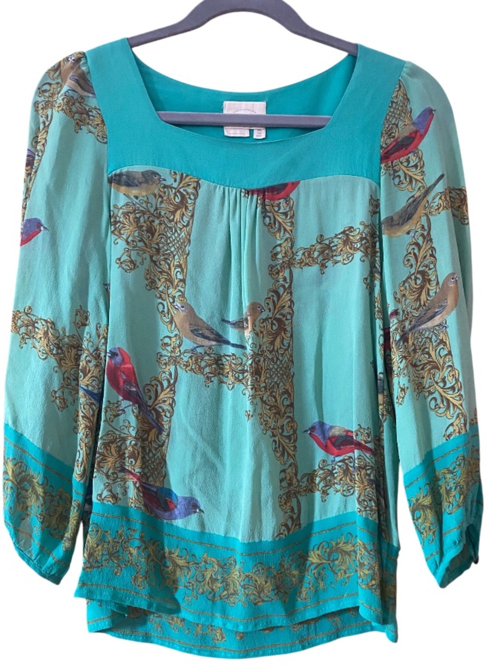 Vanessa Virginia Anthropologie Silk Bird Print Blouse Size 0